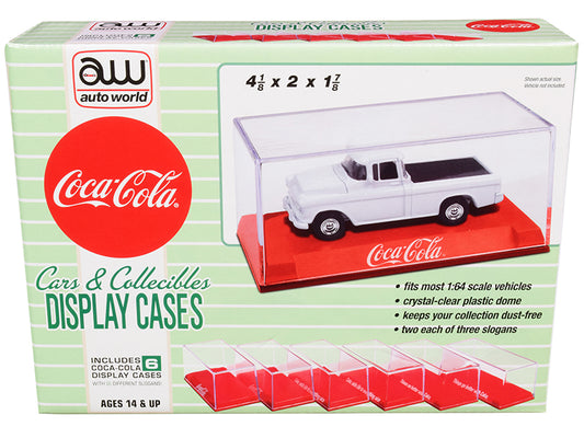 6 Collectible Acrylic Display Show Cases with Red Plastic Bases with 3 Different Slogans "Coca-Cola" for 1/64 Scale Model Cars by Auto World