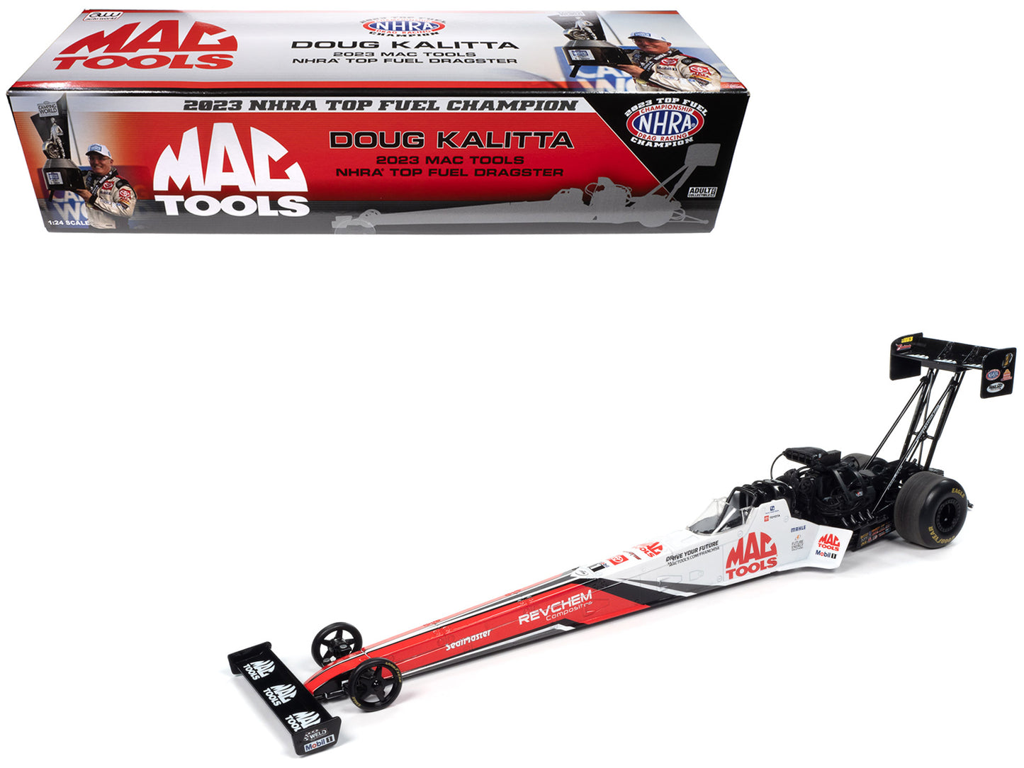 NHRA TFD (Top Fuel Dragster) Doug Kalitta "MAC Tools" Red and White "2023 NHRA Top Fuel Champion" 1/24 Diecast Model Car by Auto World