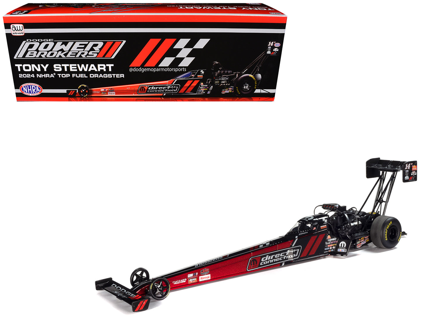 NHRA TFD (Top Fuel Dragster) Tony Stewart "Mopar Direct Connection" Red and Black "Dodge Power Brokers" 1/24 Diecast Model by Auto World