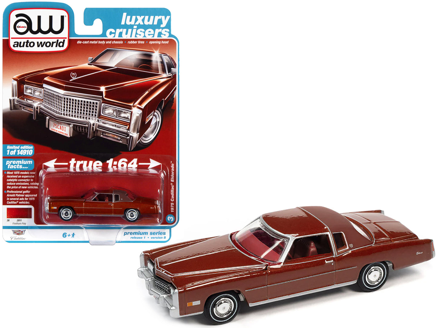 1975 Cadillac Eldorado Firethorn Red Metallic with Rear Section of Roof Matt Dark Red "Luxury Cruisers" Limited Edition to 14910 pieces Worldwide 1/64 Diecast Model Car by Auto World