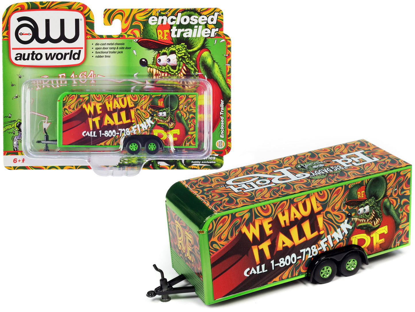 4-Wheel Enclosed Car Trailer Green with Graphics "Rat Fink: We Haul it All!" 1/64 Diecast Model by Auto World