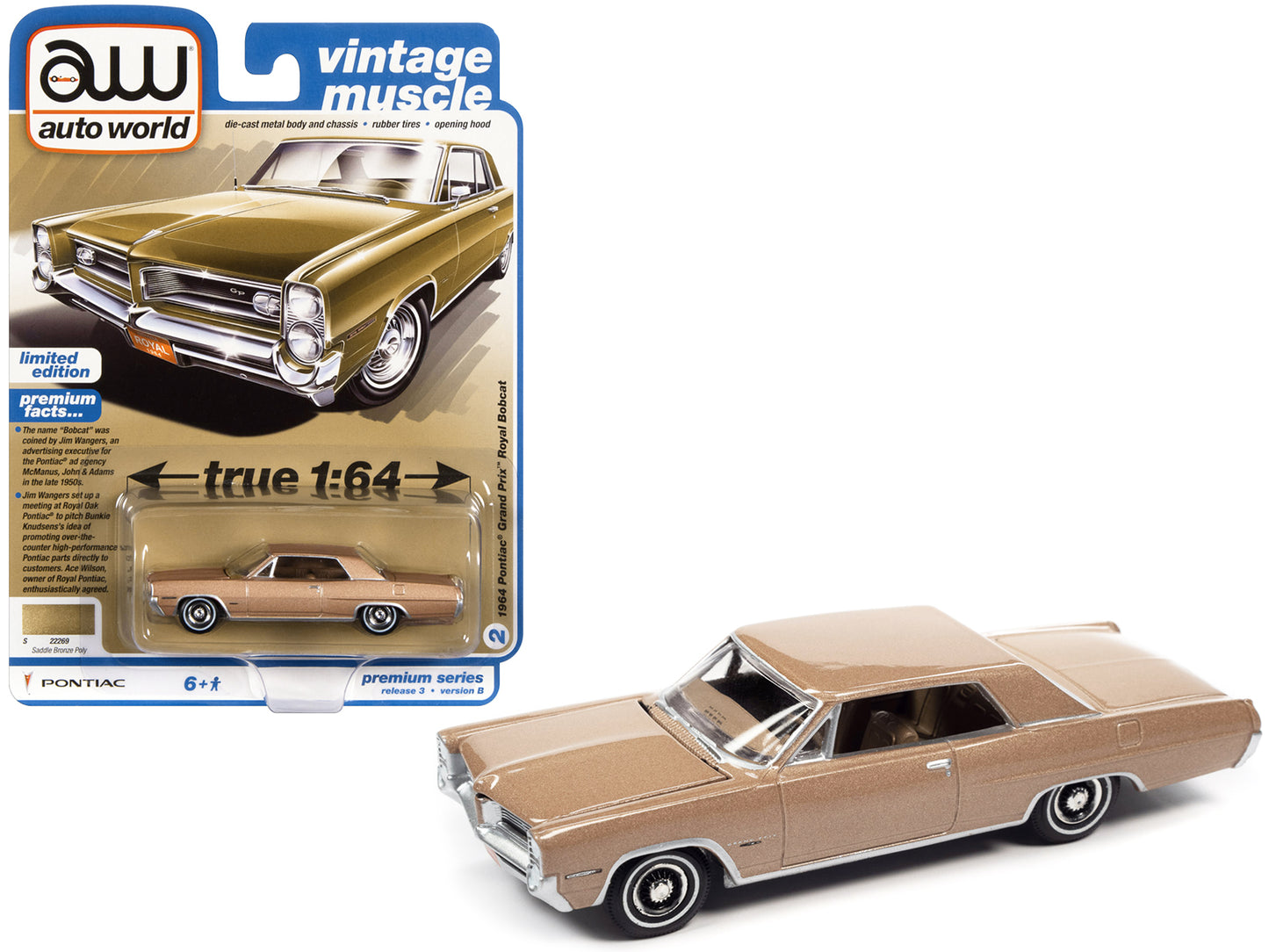 1964 Pontiac Grand Prix Royal Bobcat Saddle Bronze Metallic "Vintage Muscle" Limited Edition 1/64 Diecast Model Car by Auto World