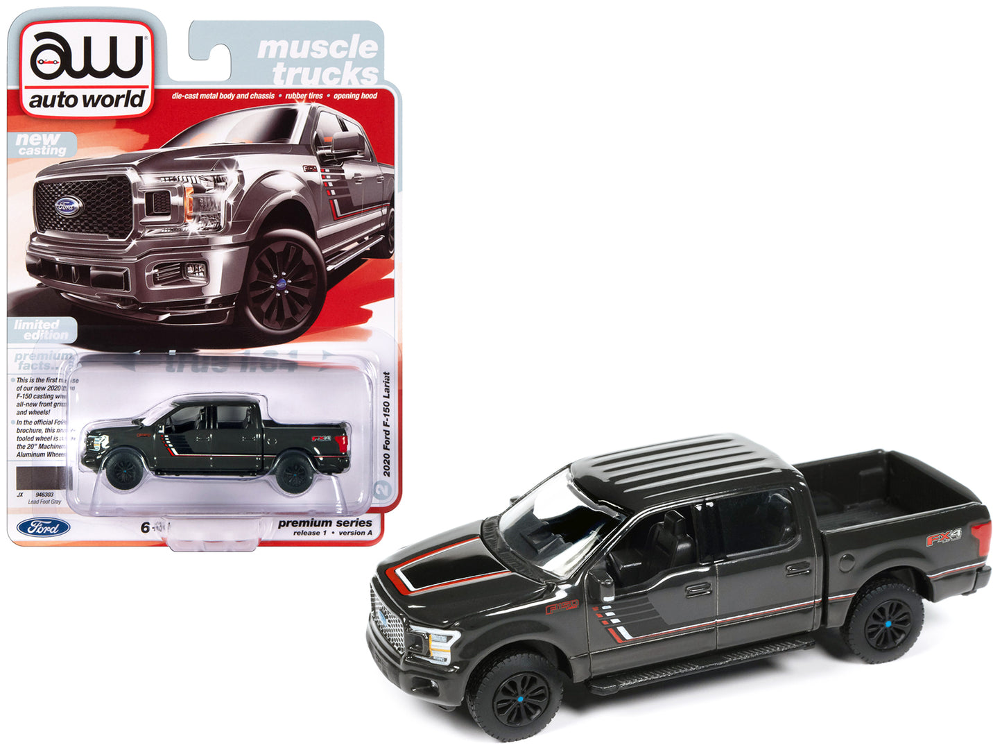 2020 Ford F-150 Lariat FX4 Pickup Truck Lead Foot Gray with Stripes "Muscle Trucks" Limited Edition 1/64 Diecast Model Car by Auto World