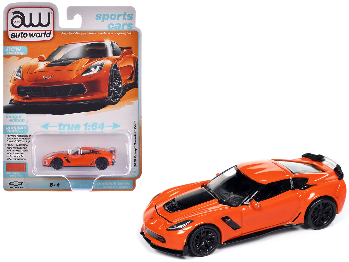 2019 Chevrolet Corvette Z06 Sebring Orange with Black Hood "Sports Cars" Series 1/64 Diecast Model Car by Auto World