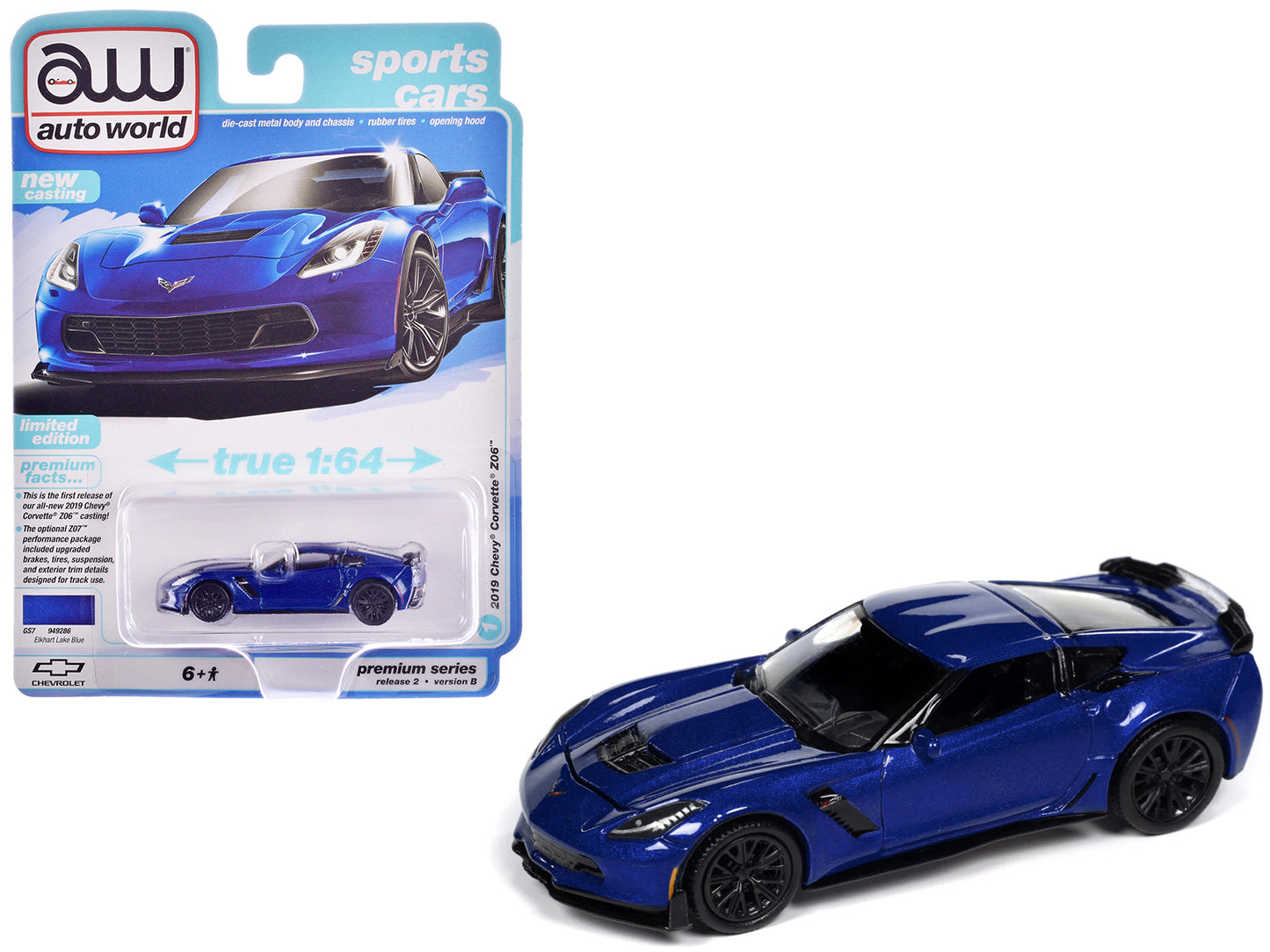 2019 Chevrolet Corvette Z06 Elkhart Lake Blue Metallic "Sports Cars" Series 1/64 Diecast Model Car by Auto World