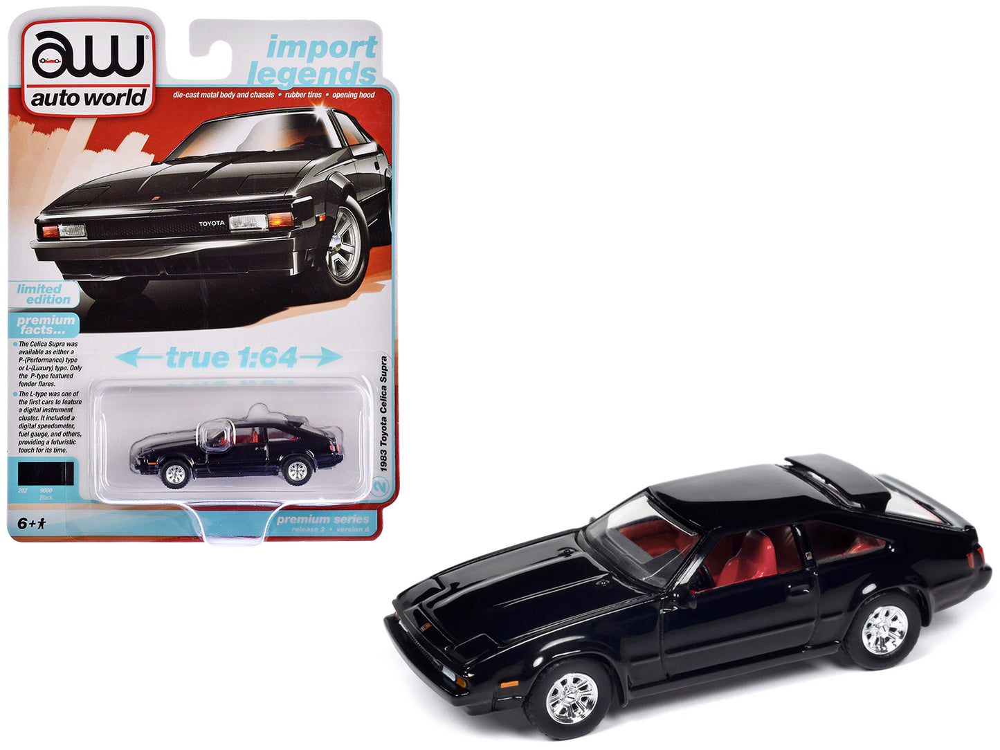 1983 Toyota Celica Supra Black with Red Interior "Import Legends" Series 1/64 Diecast Model Car by Auto World