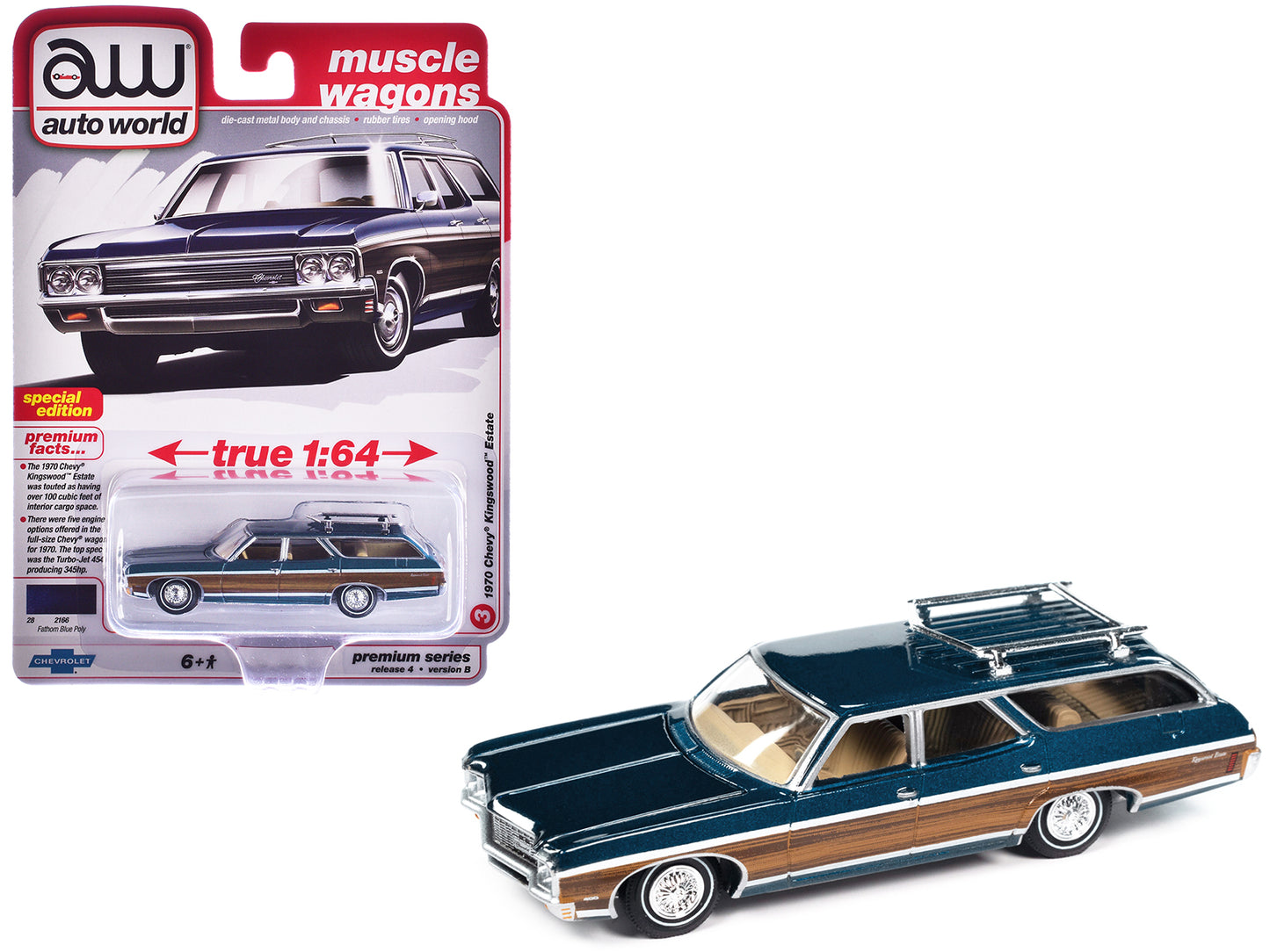 1970 Chevrolet Kingswood Estate Wagon Fathom Blue Metallic with Side Wood Panels "Muscle Wagons" Series 1/64 Diecast Model Car by Auto World