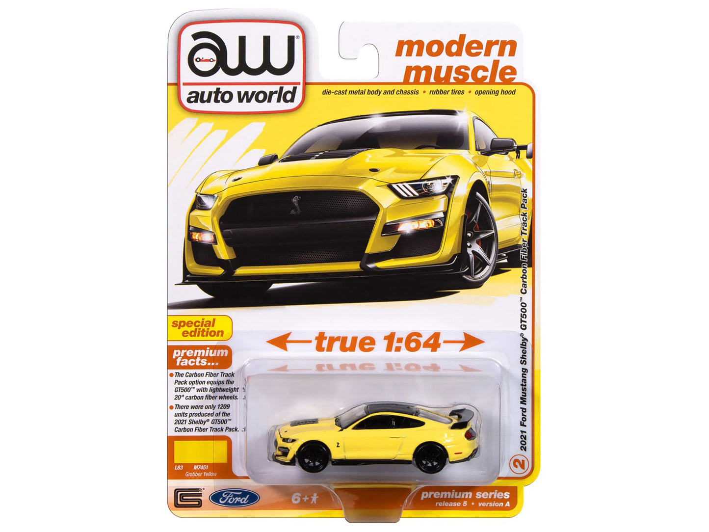 2021 Ford Mustang Shelby GT500 Carbon Fiber Track Pack Grabber Yellow with Black Top "Modern Muscle" Series 1/64 Diecast Model Car by Auto World