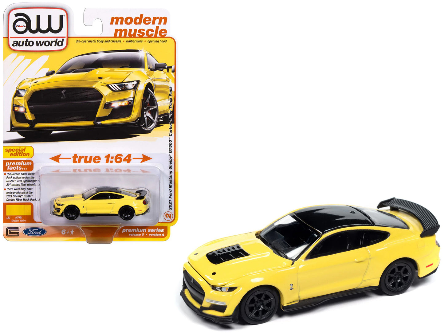 2021 Ford Mustang Shelby GT500 Carbon Fiber Track Pack Grabber Yellow with Black Top "Modern Muscle" Series 1/64 Diecast Model Car by Auto World