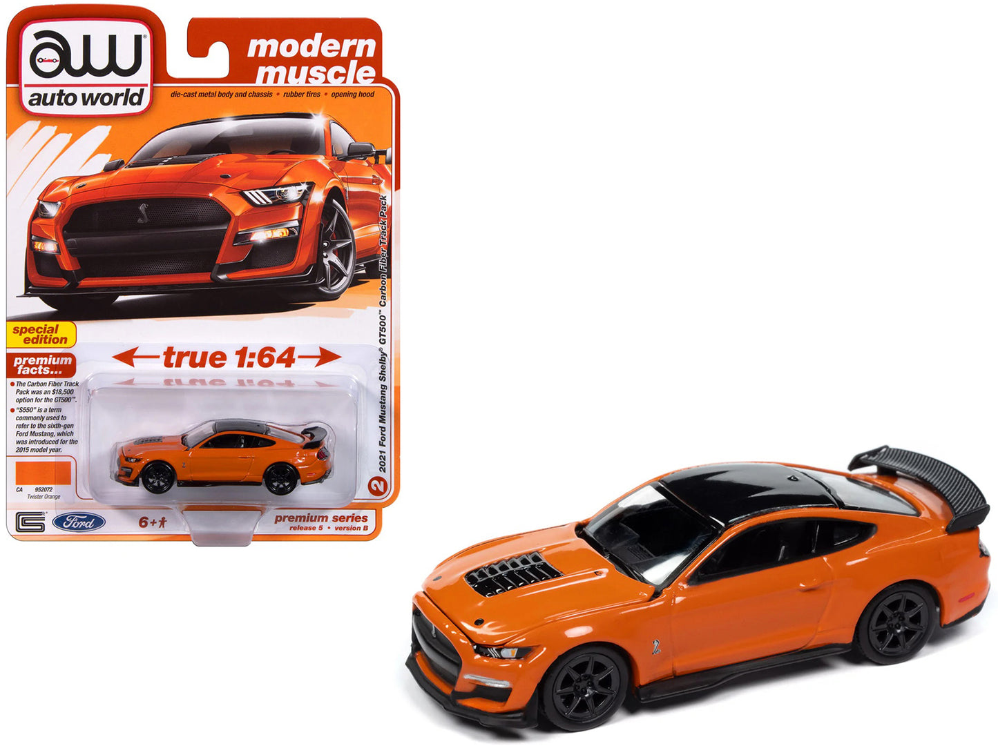 2021 Ford Mustang Shelby GT500 Carbon Fiber Track Pack Twister Orange with Black Top "Modern Muscle" Series 1/64 Diecast Model Car by Auto World