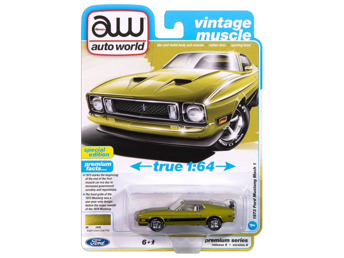 1973 Ford Mustang Mach 1 Bright Green Gold Metallic with Black Stripes "Vintage Muscle" Series 1/64 Diecast Model Car by Auto World