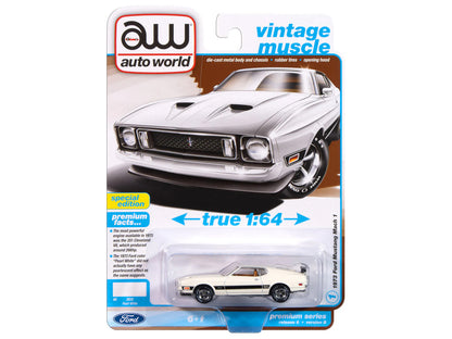 1973 Ford Mustang Mach 1 Pearl White with Black Stripes "Vintage Muscle" Series 1/64 Diecast Model Car by Auto World