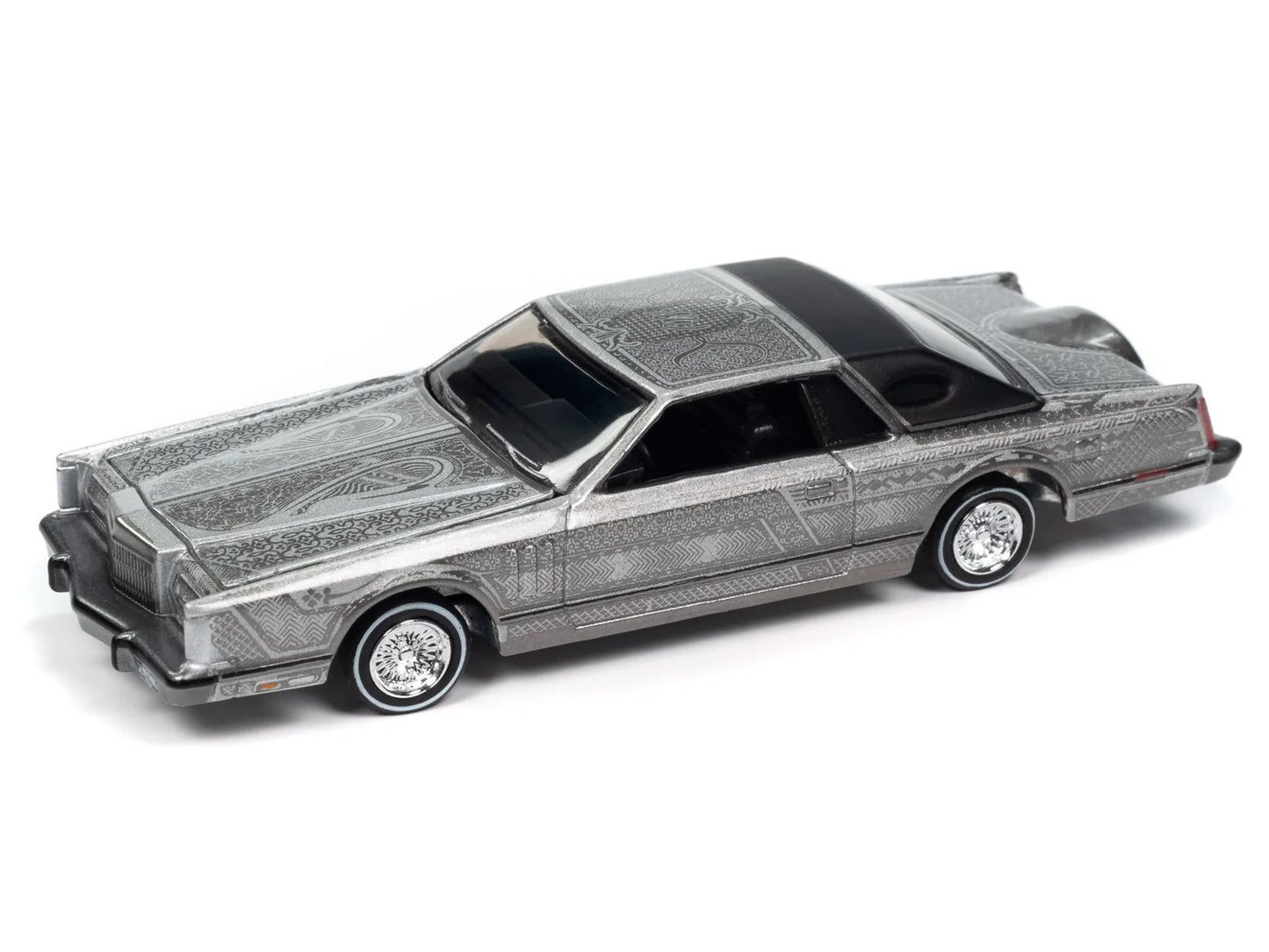 1979 Lincoln Continental Lowrider Silver Metallic with Lowrider Graphics "Luxury Cruisers" Series 1/64 Diecast Model Car by Auto World