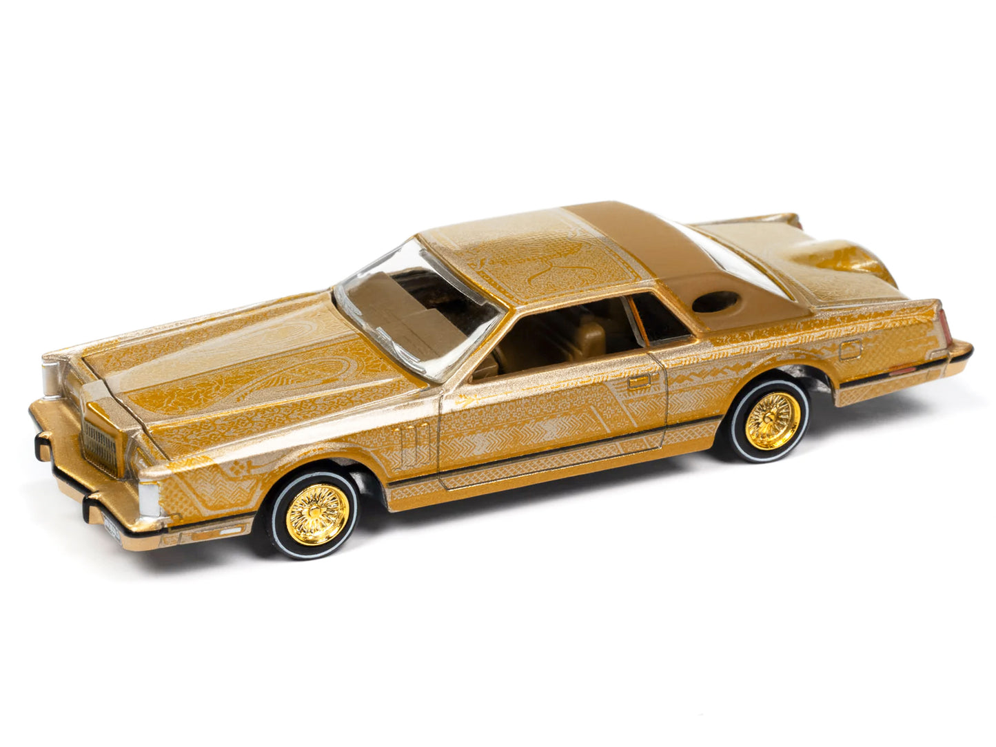 1979 Lincoln Continental Lowrider Gold Metallic with Lowrider Graphics "Luxury Cruisers" Series 1/64 Diecast Model Car by Auto World