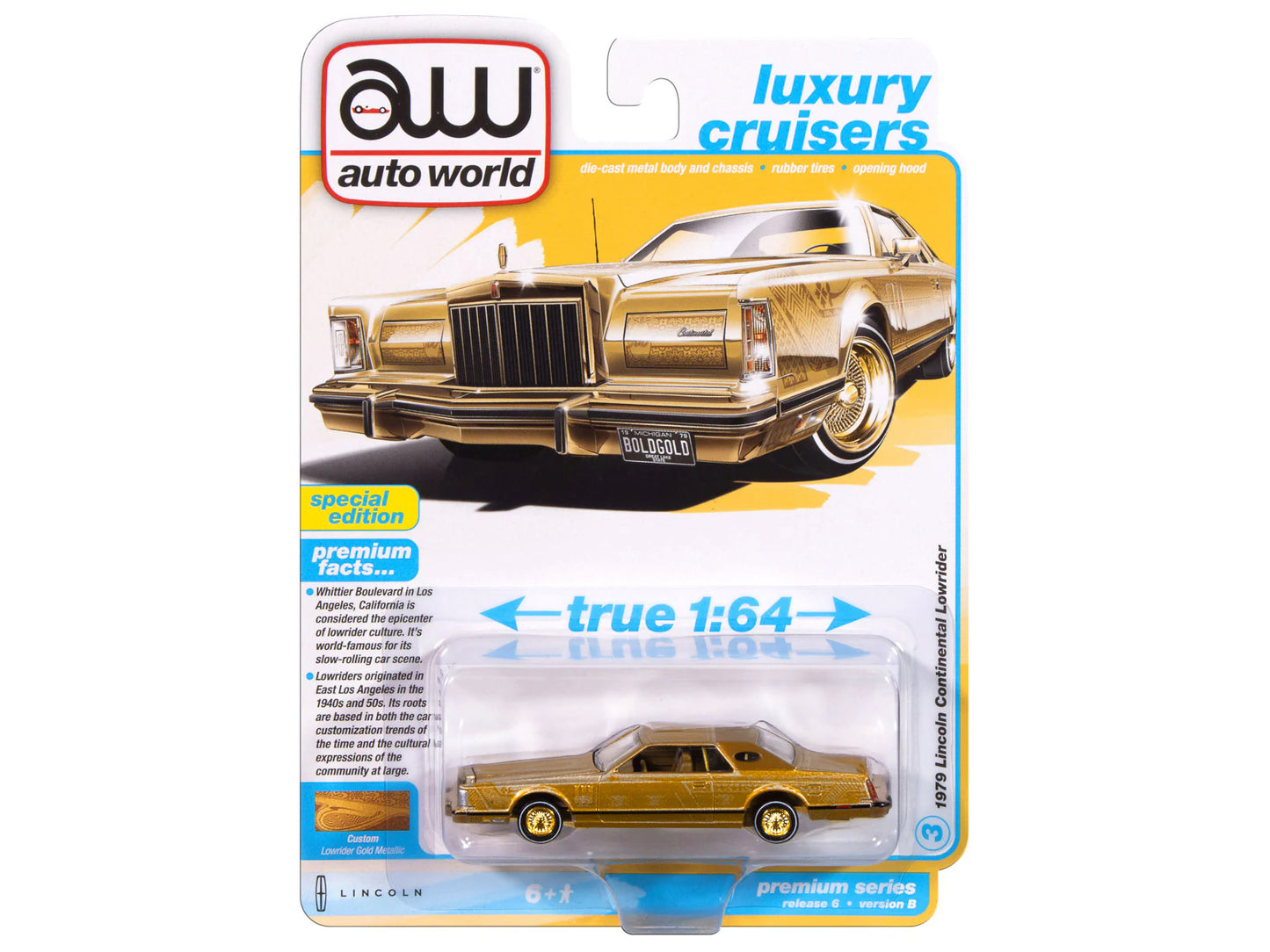 1979 Lincoln Continental Lowrider Gold Metallic with Lowrider Graphics "Luxury Cruisers" Series 1/64 Diecast Model Car by Auto World