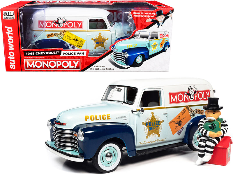 1948 Chevrolet Panel Police Van with Mr. Monopoly Figurine "Monopoly" 1/18 Diecast Model Car by Auto World