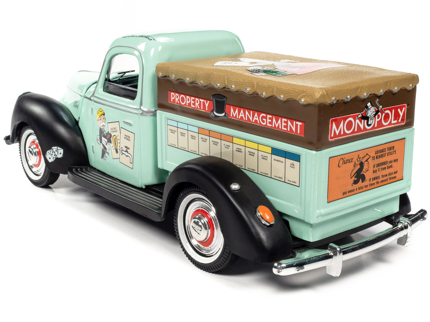 1940 Ford Pickup Truck "Property Management" Light Green with Graphics and Mr. Monopoly Construction Resin Figure "Monopoly" 1/18 Diecast Model Car by Auto World