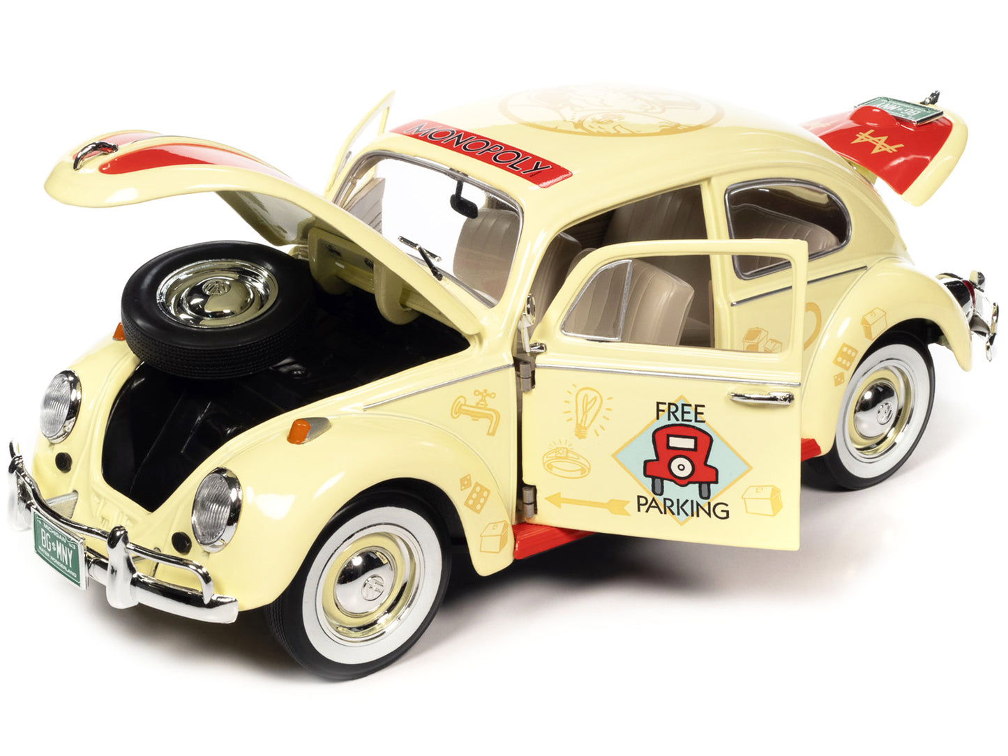 1963 Volkswagen Beetle Yukon Yellow with "Monopoly" Graphics "Free Parking" and Mr. Monopoly Resin Figure 1/18 Diecast Model Car by Auto World