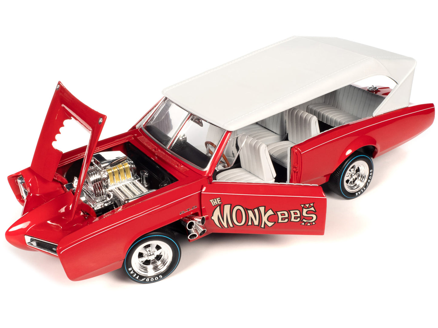 Monkeemobile Red with White Top and Interior "The Monkees" with Four Monkees Figure Cutouts "Silver Screen Machines" Series 1/18 Diecast Model Car by Auto World