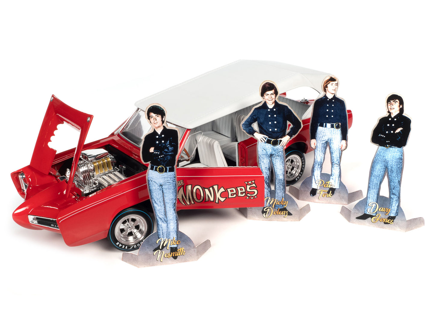 Monkeemobile Red with White Top and Interior "The Monkees" with Four Monkees Figure Cutouts "Silver Screen Machines" Series 1/18 Diecast Model Car by Auto World