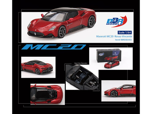 Maserati MC20 Rosso Vincente Red with Black Top 1/64 Diecast Model Car by BBR