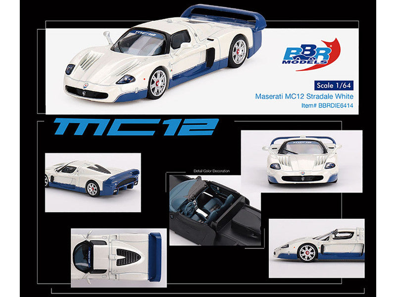 Maserati MC12 Stradale White with Blue Stripes 1/64 Diecast Model Car by BBR