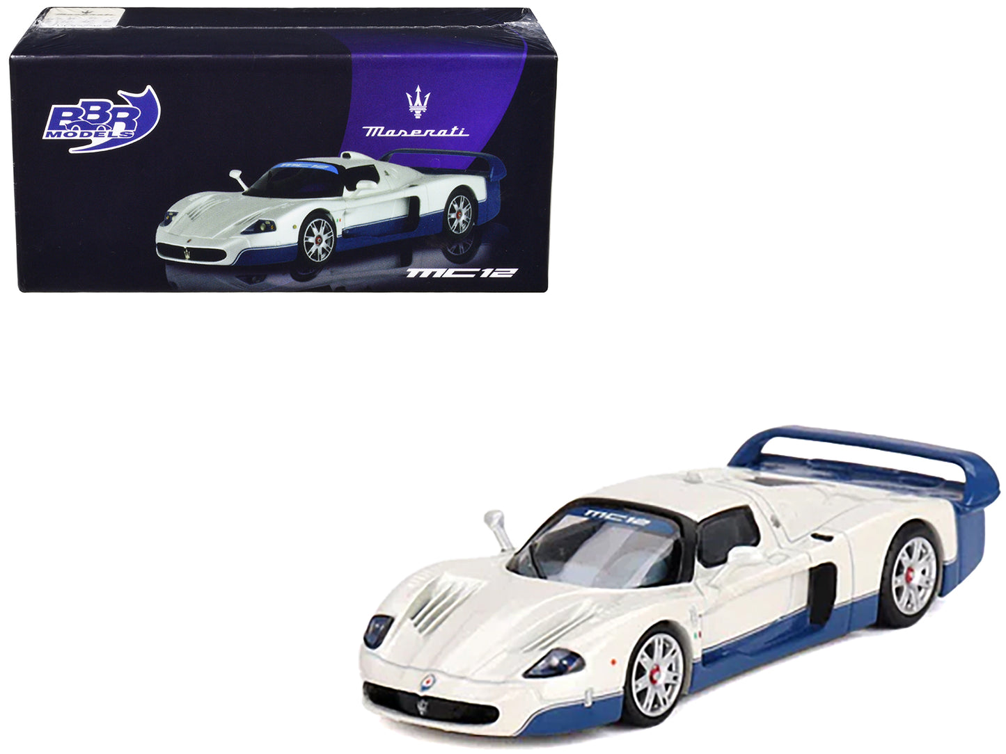 Maserati MC12 Stradale White with Blue Stripes 1/64 Diecast Model Car by BBR