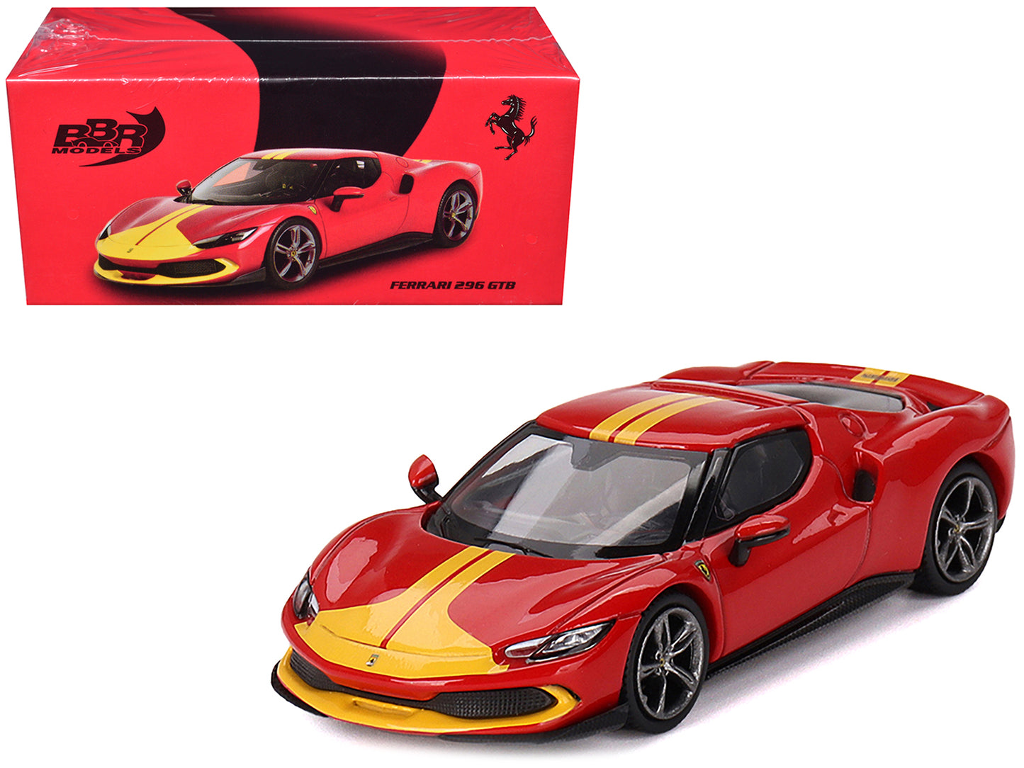 Ferrari 296 GTB Assetto Fiorano Rosso Corsa Red with Yellow Stripes 1/64 Diecast Model Car by BBR