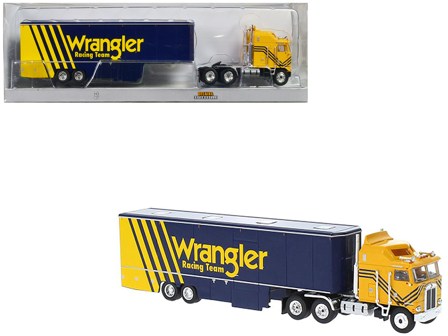 1980 Kenworth K-100 COE Aerodyne Transporter Yellow and Blue "Wrangler Racing Team" 1/87 (HO) Scale Model Car by Brekina