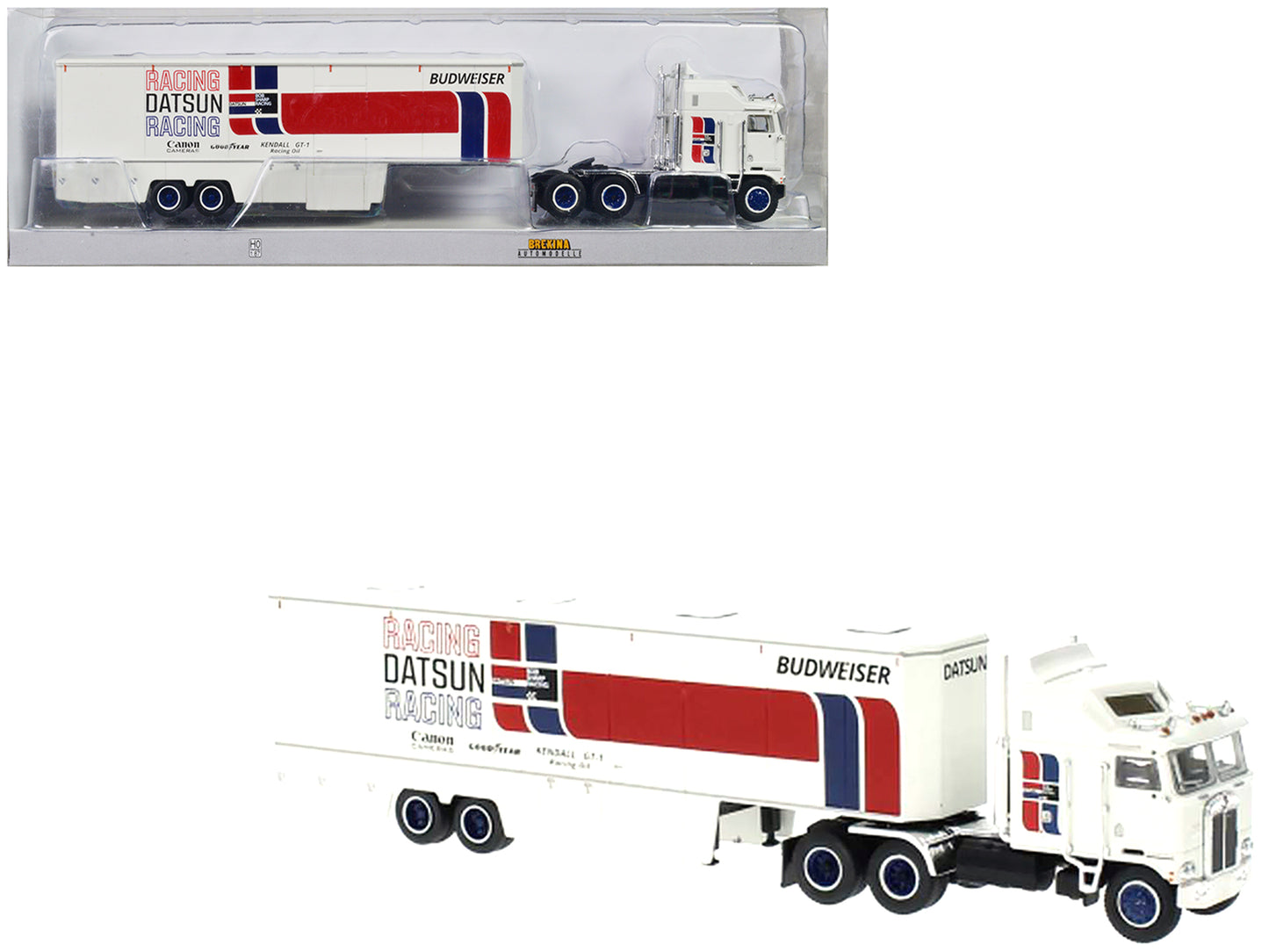 1980 Kenworth K-100 COE Aerodyne Transporter White "Datsun Racing" 1/87 (HO) Scale Model Car by Brekina