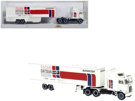 1980 Kenworth K-100 COE Aerodyne Transporter White "Datsun Racing" 1/87 (HO) Scale Model Car by Brekina