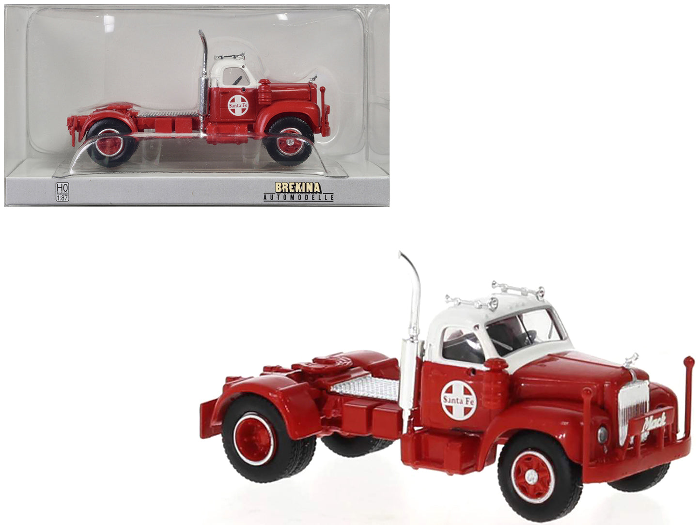 1953 B-61 Truck Tractor Red and White "Santa Fe" 1/87 (HO) Scale Model Car by Brekina