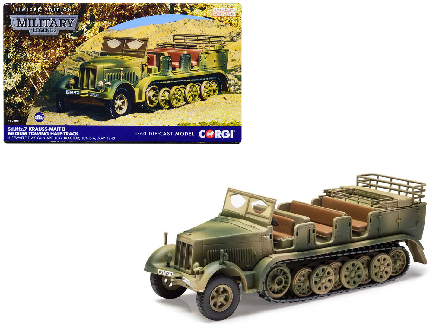 Krauss-Maffei Sd.Kfz.7 Medium Towing Half-Track AFV "Luftwaffe FlaK Gun Artillery Tractor Tunisia" (1943) German Army "Military Legends" Series 1/50 Diecast Model by Corgi