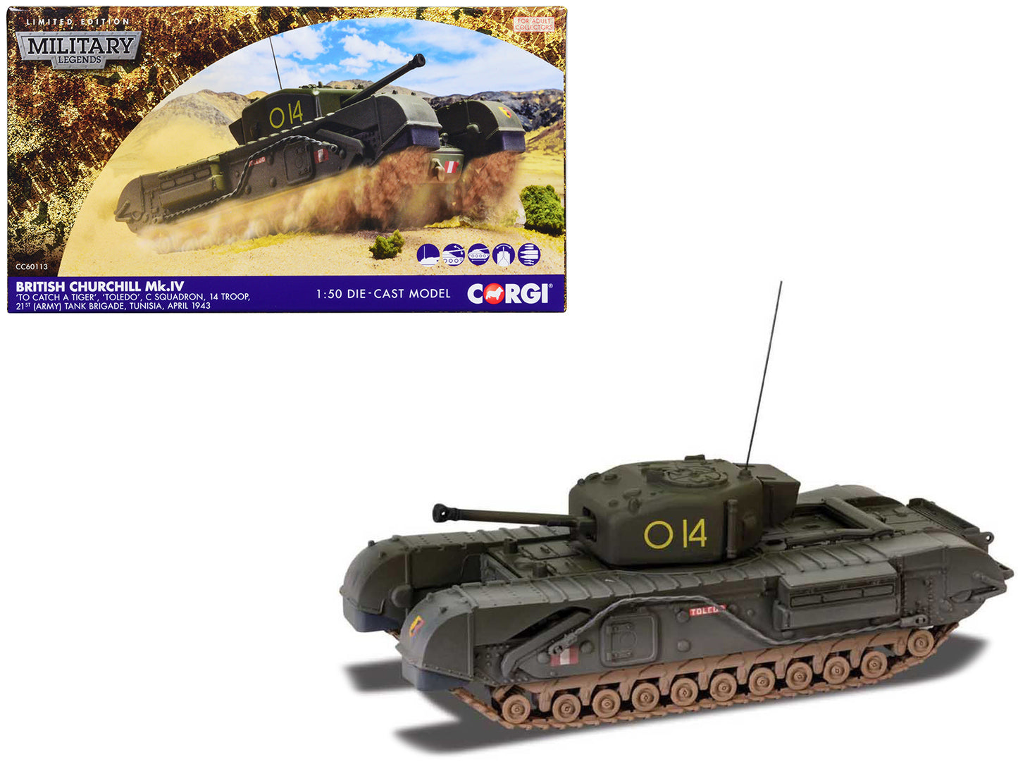 Churchill Mk.IV Tank "'To Catch a Tiger' 'Toledo' C Squadron 14 Troop 21st Army Tank Brigade Tunisia" (1943) British Royal Army "Military Legends" Series 1/50 Diecast Model by Corgi