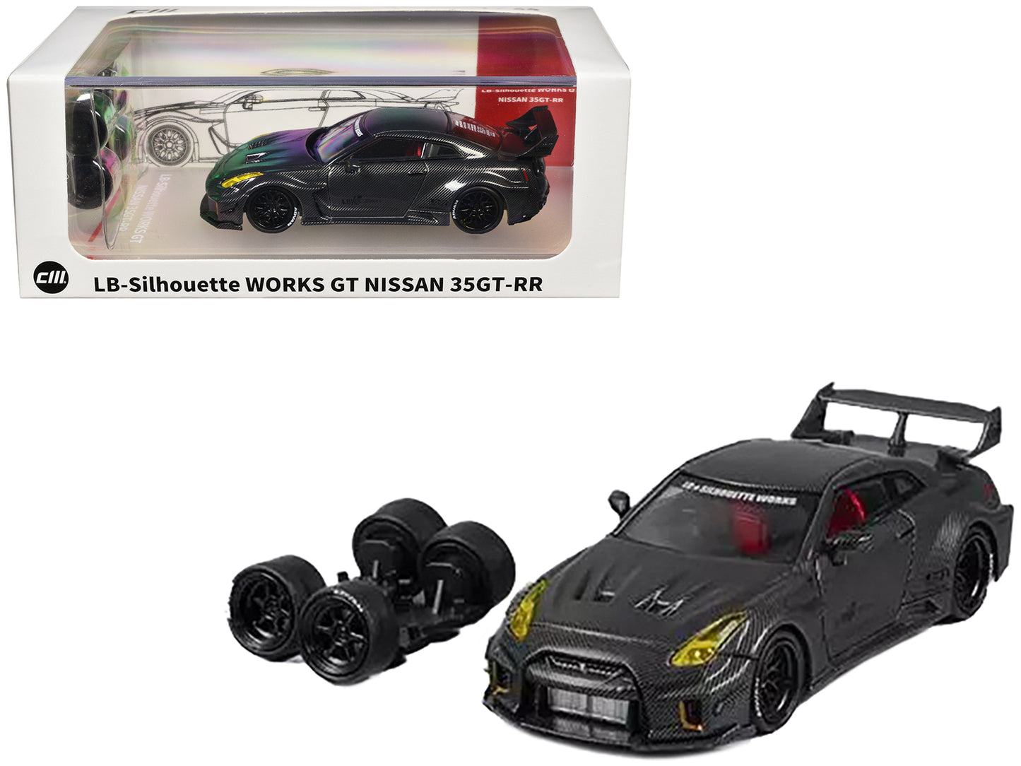 Nissan 35GT-RR "LB-Silhouette Works GT" RHD (Right Hand Drive) Full Carbon with Extra Wheels 1/64 Diecast Model Car by CM Models