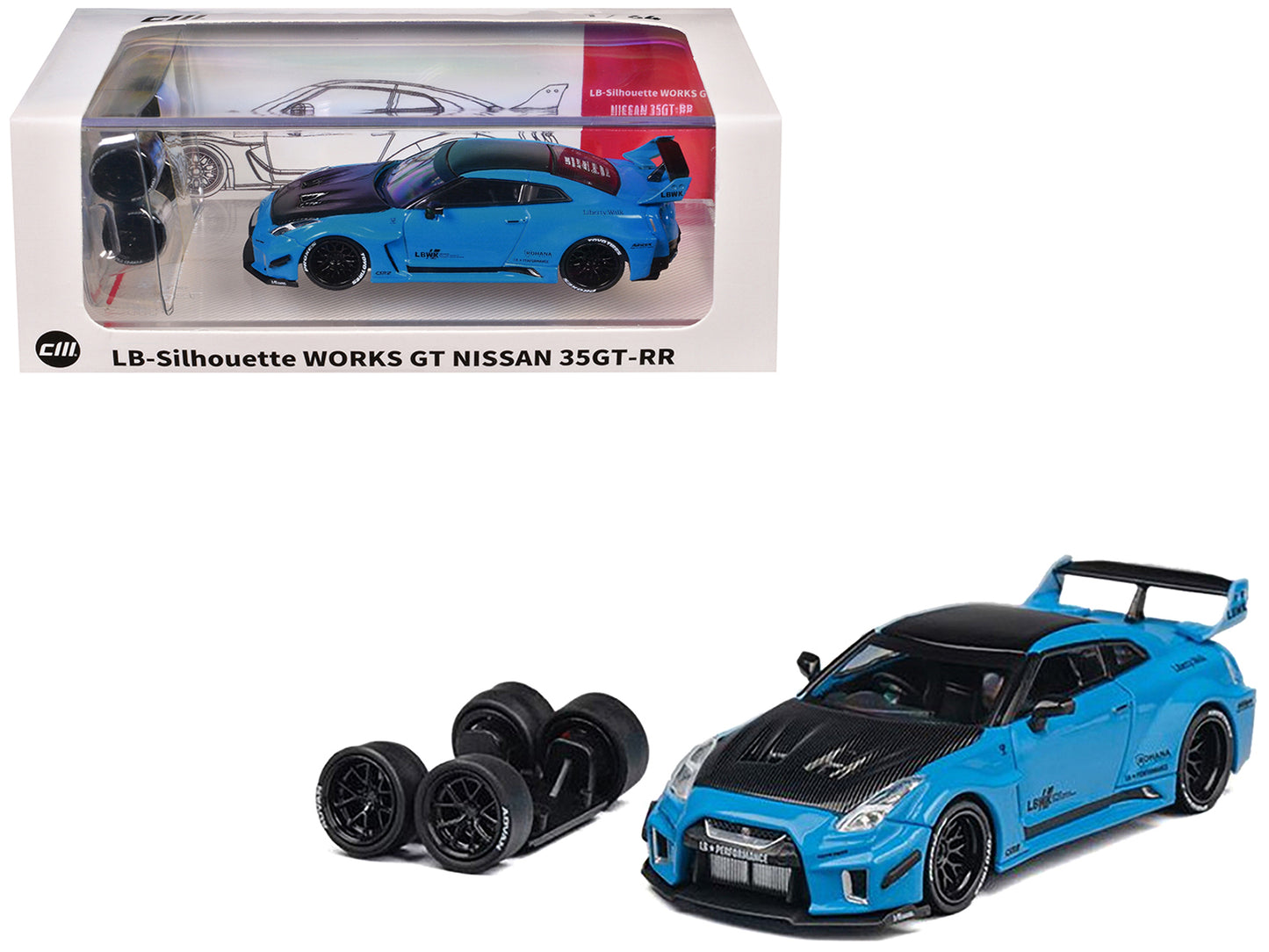 Nissan 35GT-RR "LB-Silhouette Works GT" RHD (Right Hand Drive) Blue with Carbon Hood and Black Top with Extra Wheels 1/64 Diecast Model Car by CM Models