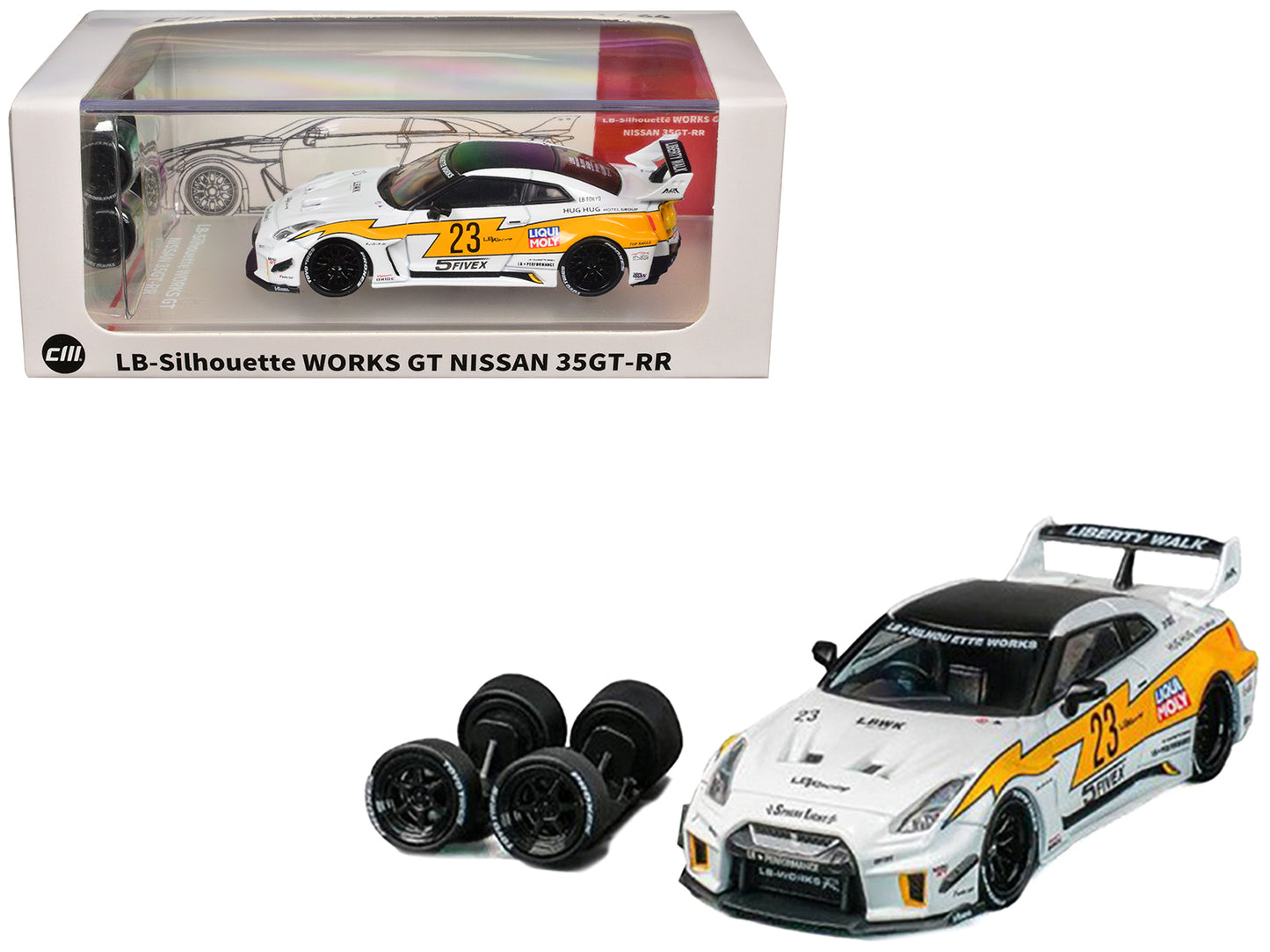 Nissan 35GT-RR "LB-Silhouette Works GT" RHD (Right Hand Drive) #23 White with Yellow Graphics with Extra Wheels 1/64 Diecast Model Car by CM Models