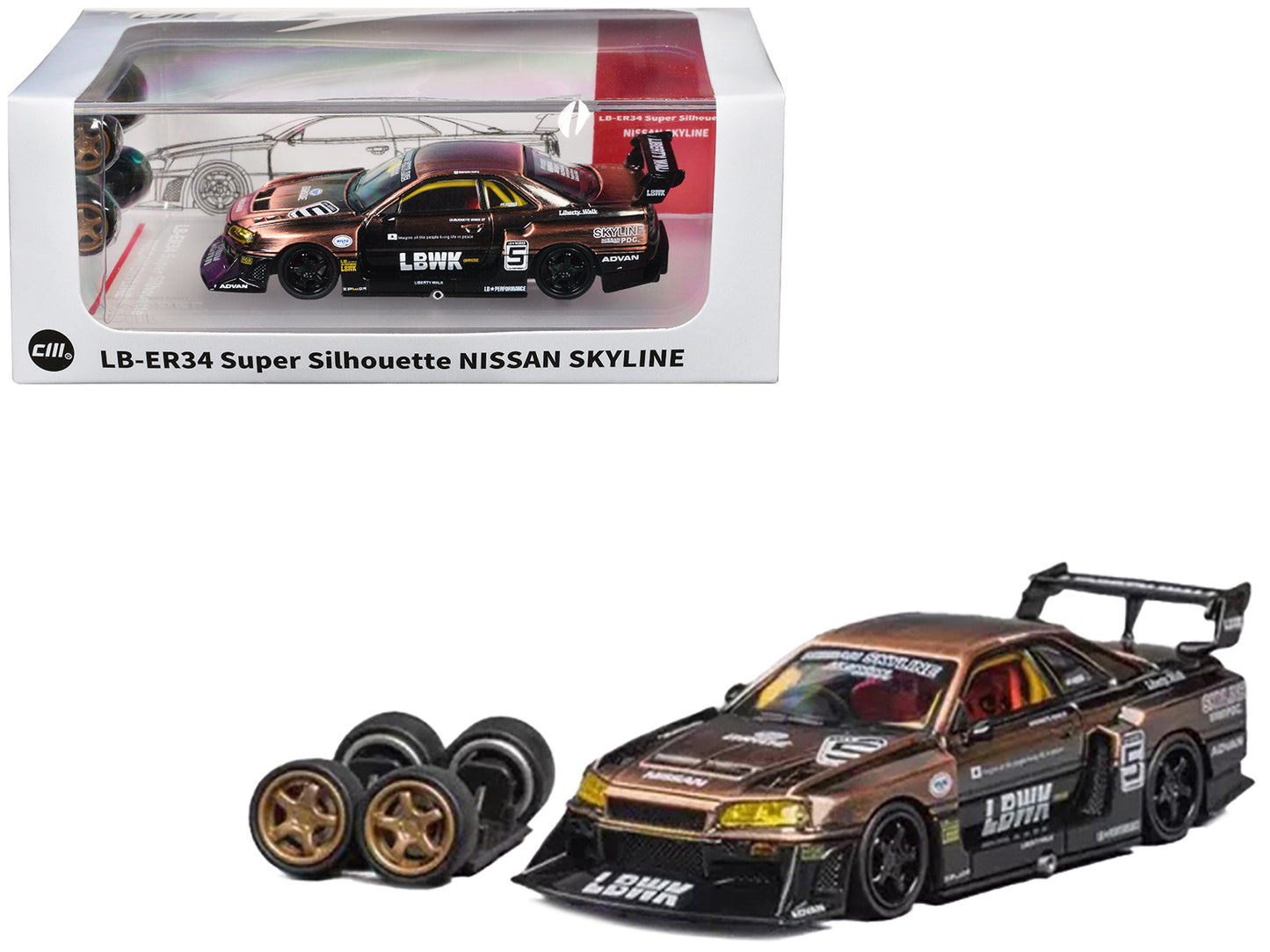 Nissan Skyline LB-ER34 "Super Silhouette" RHD (Right Hand Drive) #5 Brushed Bronze and Black with Extra Wheels 1/64 Diecast Model Car by CM Models