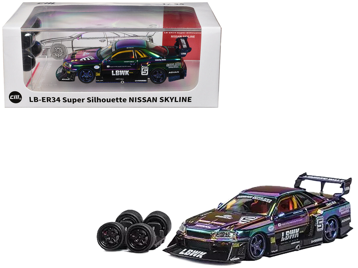 Nissan Skyline LB-ER34 "Super Silhouette" RHD (Right Hand Drive) #5 Chameleon Metallic with Extra Wheels 1/64 Diecast Model Car by CM Models