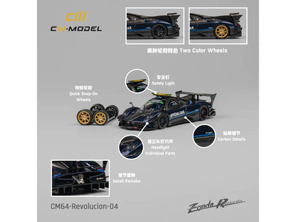 Pagani Zonda Revolucion "Official Car" Dark Blue and Carbon with Extra Wheels 1/64 Diecast Model Car by CM Models