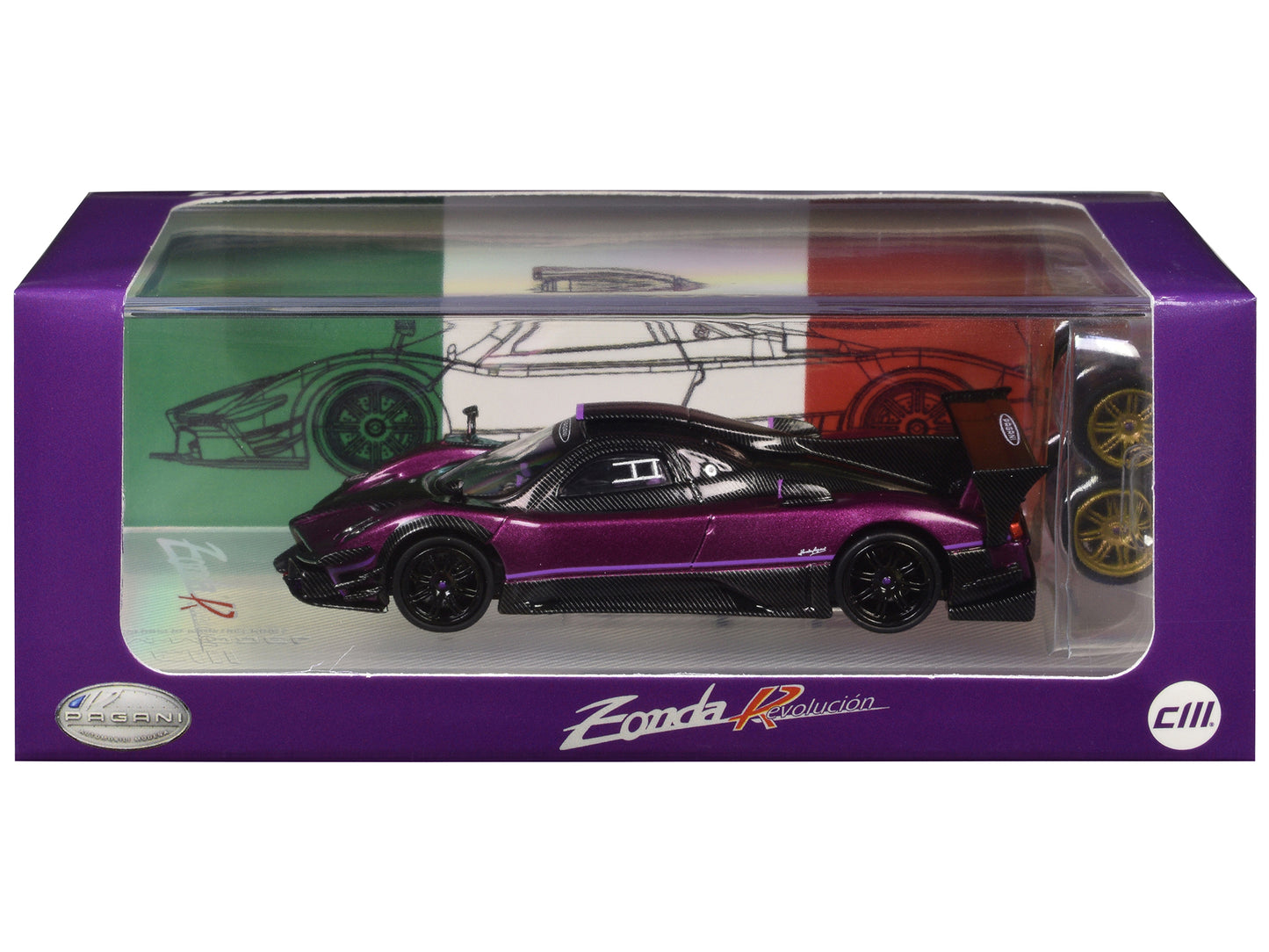 Pagani Zonda Revolucion Purple Metallic and Carbon with Extra Wheels 1/64 Diecast Model Car by CM Models