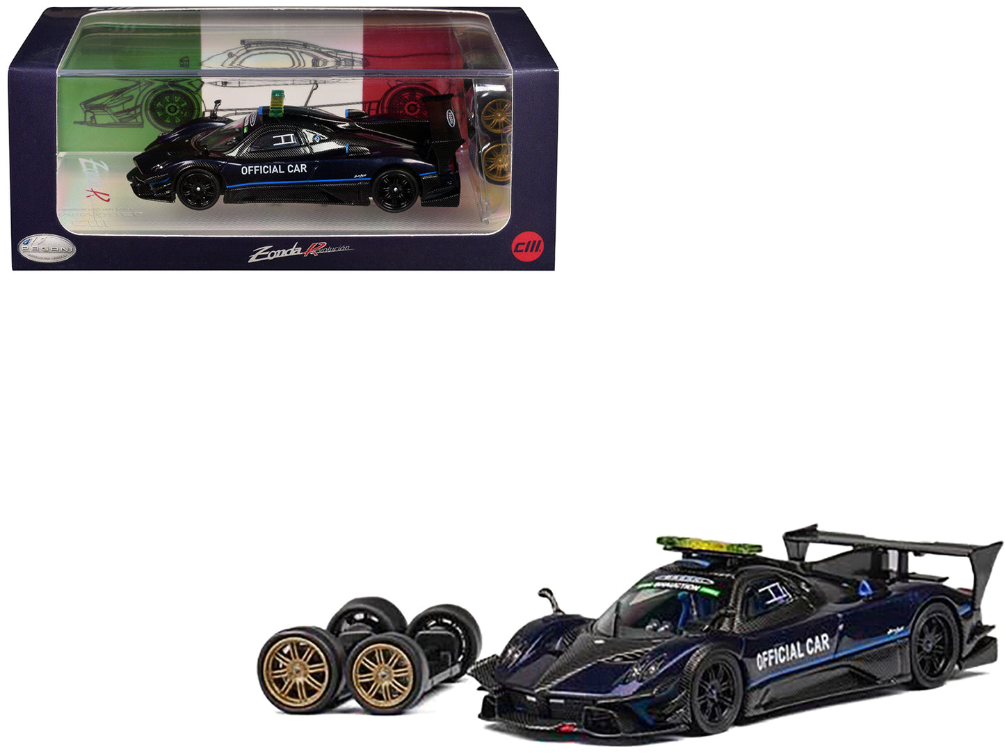 Pagani Zonda Revolucion "Official Car" Dark Blue and Carbon with Extra Wheels 1/64 Diecast Model Car by CM Models