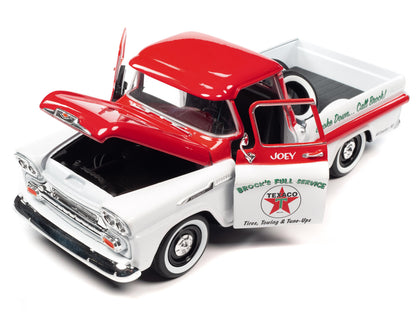 1958 Chevrolet Apache Fleetside Pickup Truck White and Red "Brock's Full Service - Texaco" with Tires in Truck Bed 1/24 Diecast Model Car by Auto World