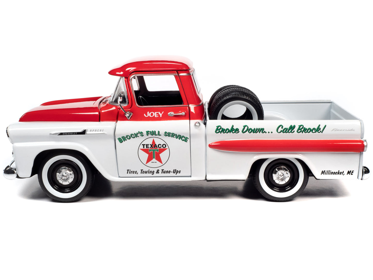 1958 Chevrolet Apache Fleetside Pickup Truck White and Red "Brock's Full Service - Texaco" with Tires in Truck Bed 1/24 Diecast Model Car by Auto World