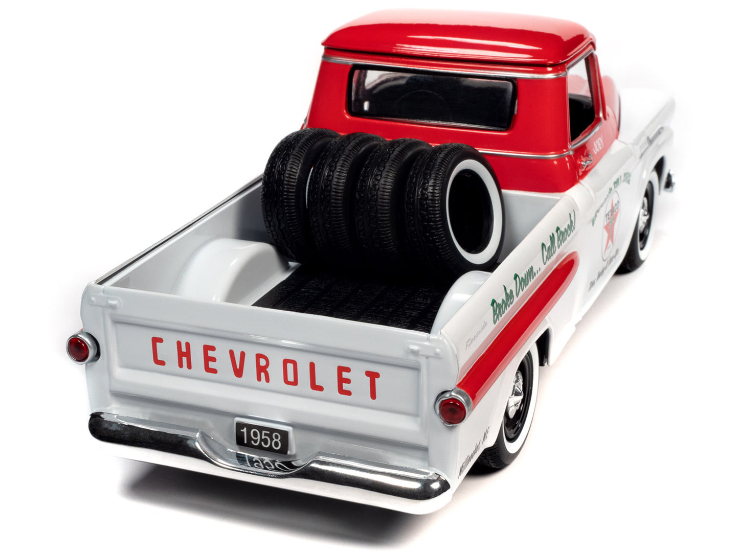 1958 Chevrolet Apache Fleetside Pickup Truck White and Red "Brock's Full Service - Texaco" with Tires in Truck Bed 1/24 Diecast Model Car by Auto World