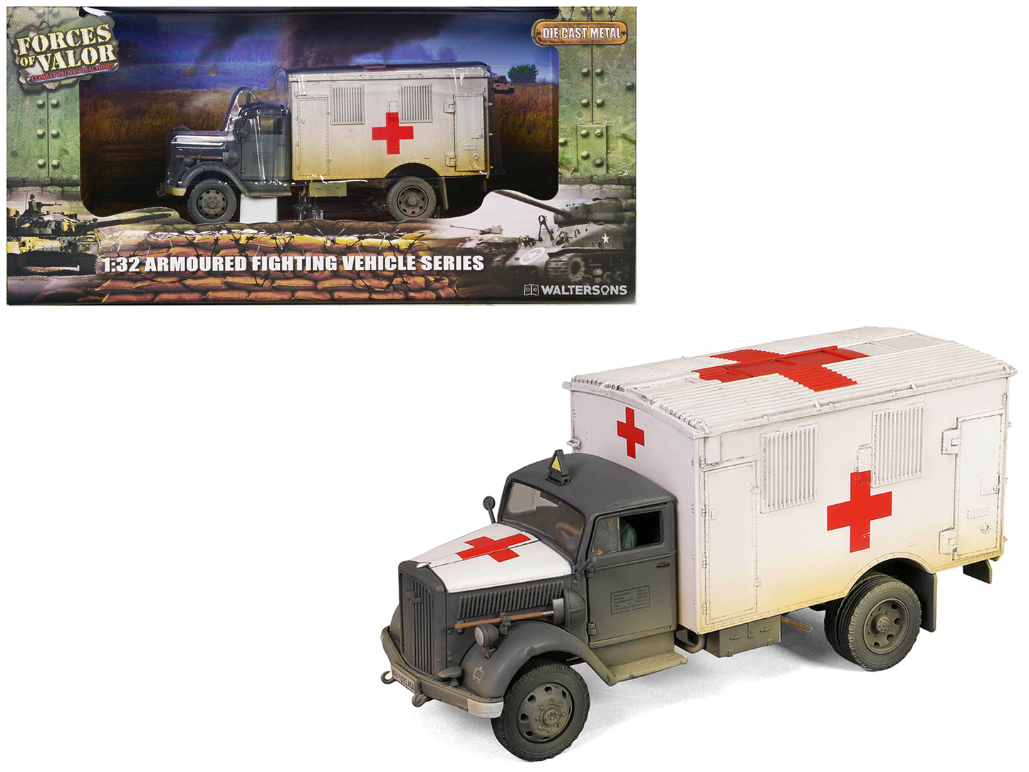 Opel-Blitz Kfz.305 Ambulance Gray and White (Weathered) "German Army" "Armoured Fighting Vehicle" Series 1/32 Diecast Model by Forces of Valor