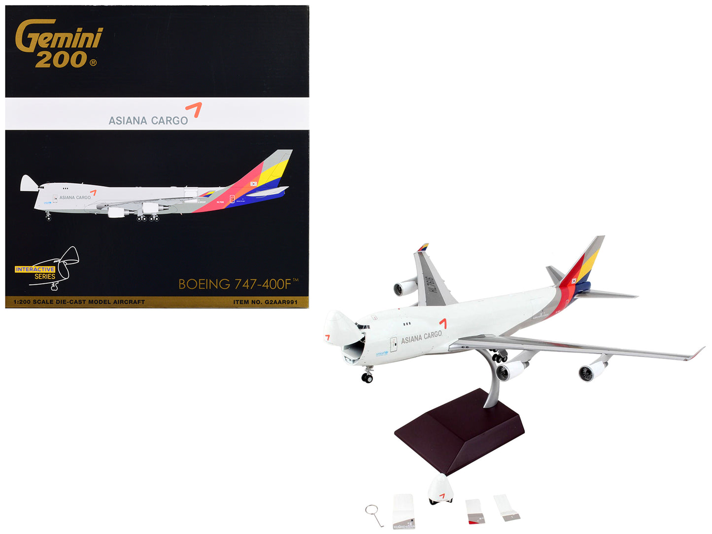 Boeing 747-400F Commercial Aircraft "Asiana Cargo" White with Striped Tail "Gemini 200 - Interactive" Series 1/200 Diecast Model Airplane by GeminiJets