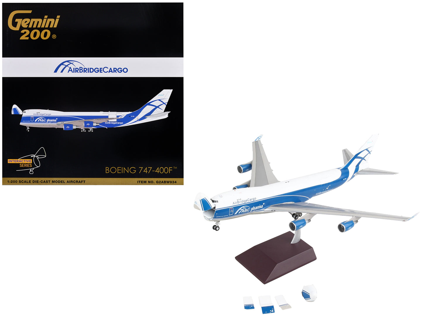 Boeing 747-400F Commercial Aircraft "AirBridgeCargo Airlines" White with Blue Stripes "Gemini 200 - Interactive" Series 1/200 Diecast Model Airplane by GeminiJets