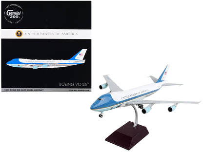 Boeing VC-25 Commercial Aircraft "Air Force One - United States of America" White and Blue "Gemini 200" Series 1/200 Diecast Model Airplane by GeminiJets