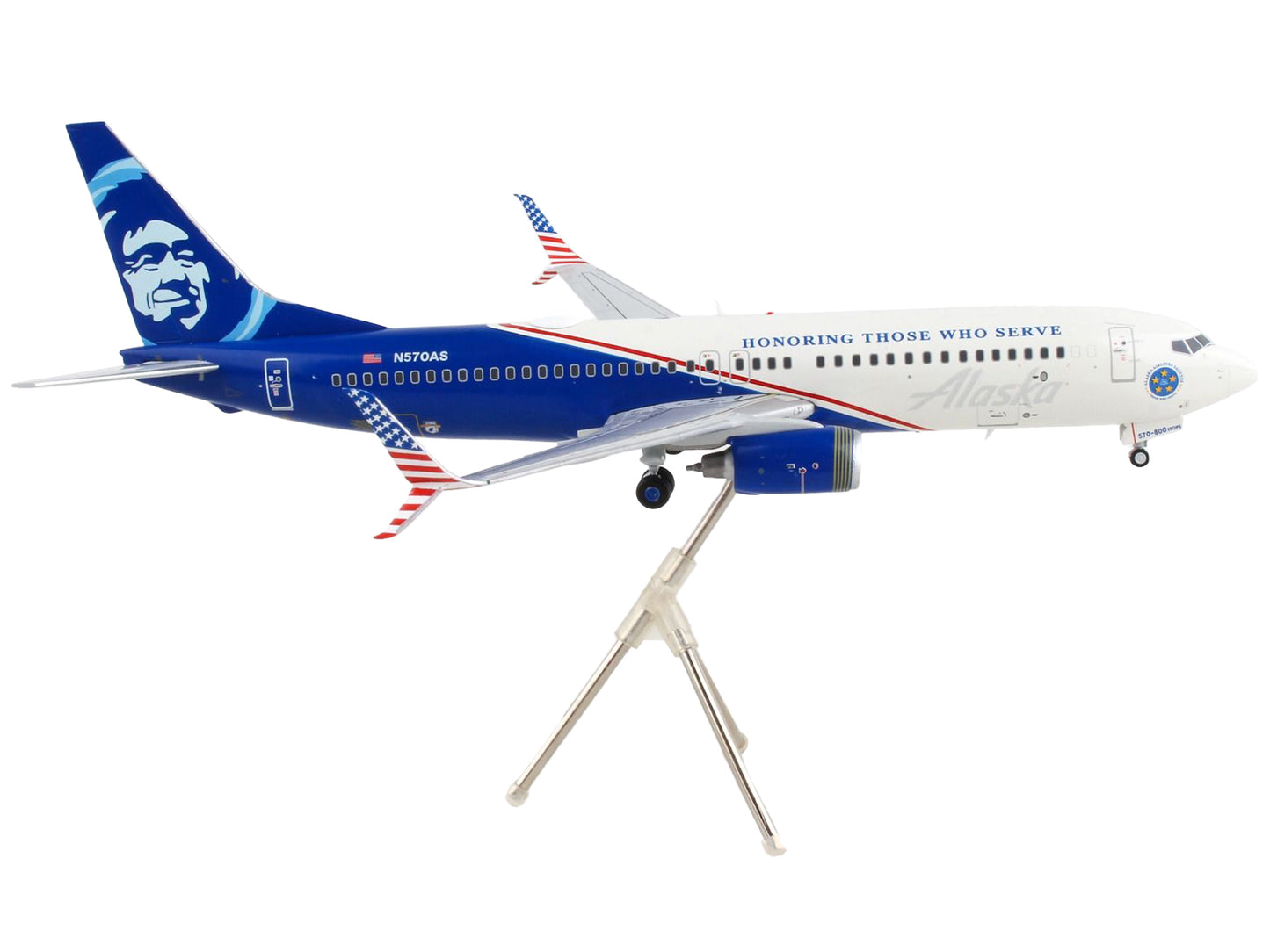 Boeing 737-800 Commercial Aircraft "Alaska Airlines - Honoring Those Who Serve" White and Blue "Gemini 200" Series 1/200 Diecast Model Airplane by GeminiJets